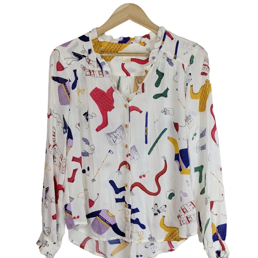 Anthropologie Maeve Snow Day Winter Theme Ski Ruffled White Blouse Top Size 0.
